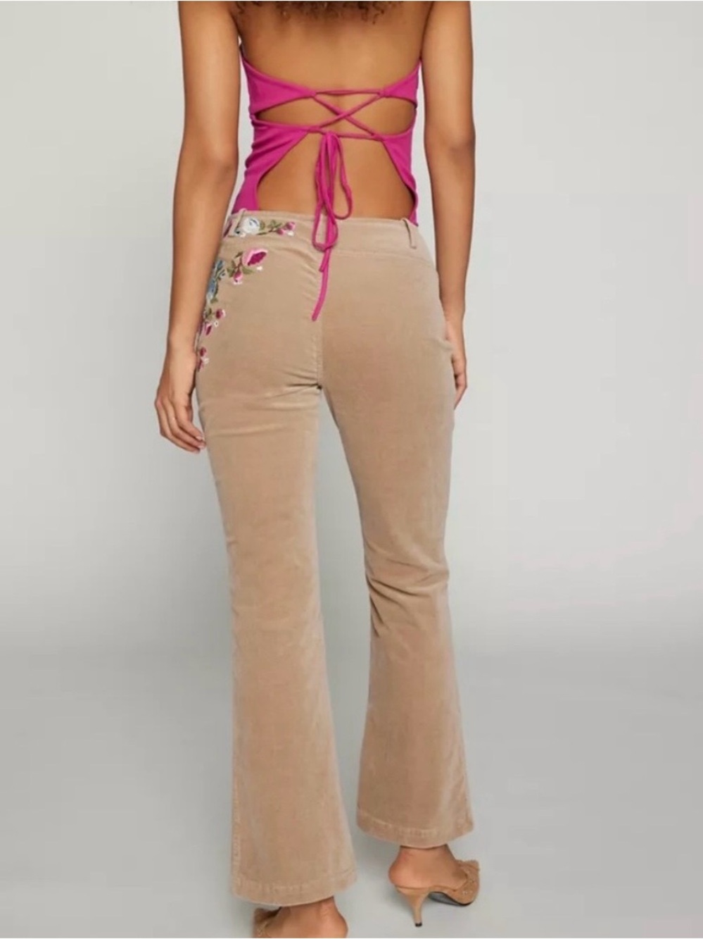 Kimchi Blue Brown Corduroy Flare Pants with Floral Embroidery - Picture 3 of 8